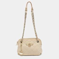 Pre Owned DKNY Light Beige Quilted Leather Small Zip Shoulder Bag