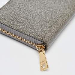 DKNY Metallic Grey Saffiano Leather Logo Zip Around Wallet