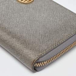 DKNY Metallic Grey Saffiano Leather Logo Zip Around Wallet