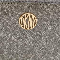 DKNY Metallic Grey Saffiano Leather Logo Zip Around Wallet