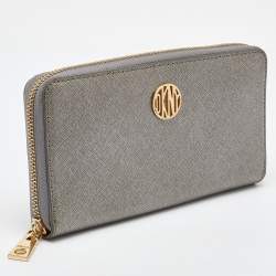 DKNY Metallic Grey Saffiano Leather Logo Zip Around Wallet