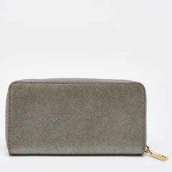 DKNY Metallic Grey Saffiano Leather Logo Zip Around Wallet