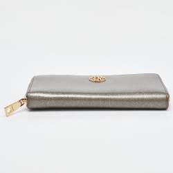DKNY Metallic Grey Saffiano Leather Logo Zip Around Wallet