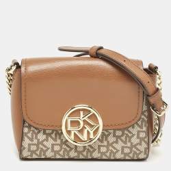 DKNY Beige/Brown Signature Coated Canvas and Leather Crossbody Bag