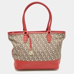 DKNY Red/Beige Signature Canvas and Leather Zip Tote