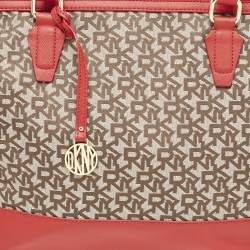DKNY Red/Beige Signature Canvas and Leather Zip Tote