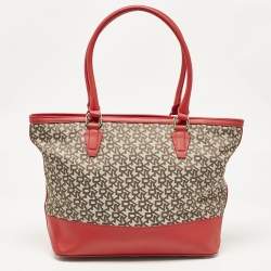 DKNY Red/Beige Signature Canvas and Leather Zip Tote