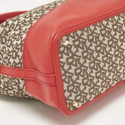 DKNY Red/Beige Signature Canvas and Leather Zip Tote