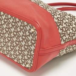 DKNY Red/Beige Signature Canvas and Leather Zip Tote