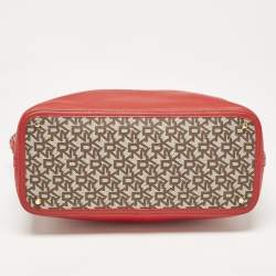 DKNY Red/Beige Signature Canvas and Leather Zip Tote