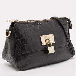 Pre Owned DKNY Black Croc Embossed Leather Padlock Crossbody Bag