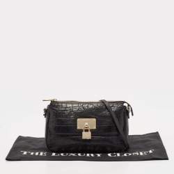 Pre Owned DKNY Black Croc Embossed Leather Padlock Crossbody Bag