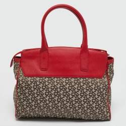 Pre Owned Dkny Red/Beige Monogram Fabric and Leather Zip Tote