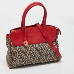 Pre Owned Dkny Red/Beige Monogram Fabric and Leather Zip Tote