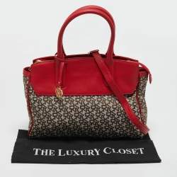 Pre Owned Dkny Red/Beige Monogram Fabric and Leather Zip Tote