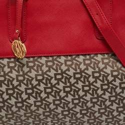 Pre Owned Dkny Red/Beige Monogram Fabric and Leather Zip Tote