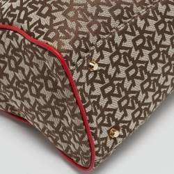 Pre Owned Dkny Red/Beige Monogram Fabric and Leather Zip Tote