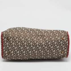 Pre Owned Dkny Red/Beige Monogram Fabric and Leather Zip Tote