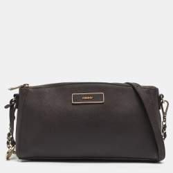 DKNY Dark Brown Saffiano Leather Bryant Park Zip Crossbody Bag