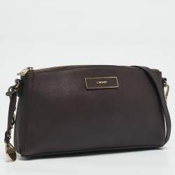 DKNY Dark Brown Saffiano Leather Bryant Park Zip Crossbody Bag