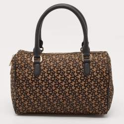 Pre Owned DKNY Black/Brown Monogram Fabric and Leather Boston Bag