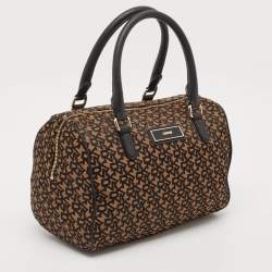 Pre Owned DKNY Black/Brown Monogram Fabric and Leather Boston Bag