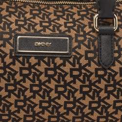 Pre Owned DKNY Black/Brown Monogram Fabric and Leather Boston Bag