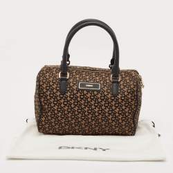 Pre Owned DKNY Black/Brown Monogram Fabric and Leather Boston Bag