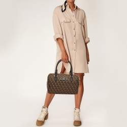 Pre Owned DKNY Black/Brown Monogram Fabric and Leather Boston Bag