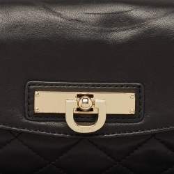 Pre Owned Dkny Black Quilted Leather Logo Flap Chain Clutch
