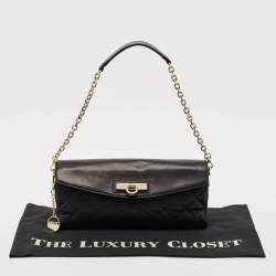 Pre Owned Dkny Black Quilted Leather Logo Flap Chain Clutch