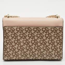 Pre Owned DKNY Light Pink/Beige Signature Coated Canvas and Leather Von Flap Shoulder Bag