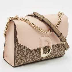 Pre Owned DKNY Light Pink/Beige Signature Coated Canvas and Leather Von Flap Shoulder Bag