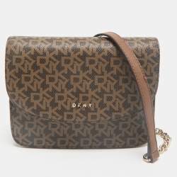 DKNY Two Tone Brown Signature Coated Canvas Bryant Park Flap Crossbody Bag