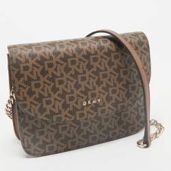 DKNY Two Tone Brown Signature Coated Canvas Bryant Park Flap Crossbody Bag