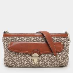 DKNY Beige/Brown Signature Canvas and Leather Shoulder Bag