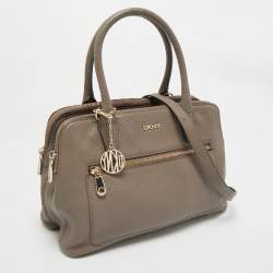 Pre Owned DKNY Taupe Grey Leather Double Zip Satchel