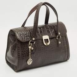 Pre Owned DKNY Dark Brown Croc Embossed Leather Satchel
