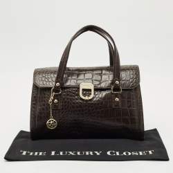 Pre Owned DKNY Dark Brown Croc Embossed Leather Satchel