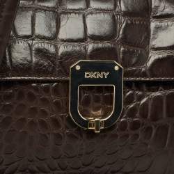 Pre Owned DKNY Dark Brown Croc Embossed Leather Satchel