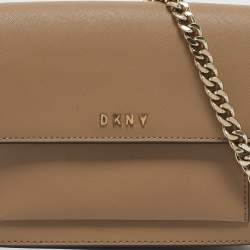 Pre Owned DKNY Beige Leather Flap Chain Crossbody Bag