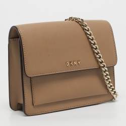 Pre Owned DKNY Beige Leather Flap Chain Crossbody Bag