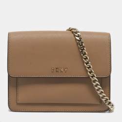 Pre Owned DKNY Beige Leather Flap Chain Crossbody Bag