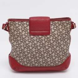 Pre Owned Dkny Beige/Red Canvas and Leather Crossbody Bag