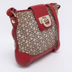 Pre Owned Dkny Beige/Red Canvas and Leather Crossbody Bag