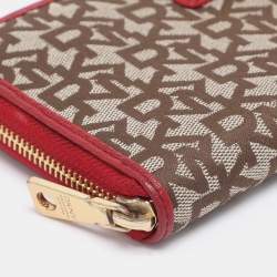 Pre Owned DKNY Beige/Red Canvas and Leather Zip Around Wallet