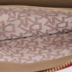 Pre Owned DKNY Beige/Red Canvas and Leather Zip Around Wallet