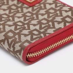 Pre Owned DKNY Beige/Red Canvas and Leather Zip Around Wallet