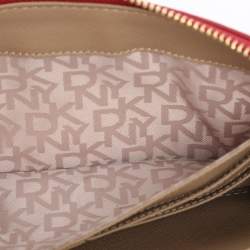 Pre Owned DKNY Beige/Red Canvas and Leather Zip Around Wallet