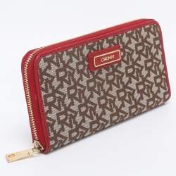 Pre Owned DKNY Beige/Red Canvas and Leather Zip Around Wallet